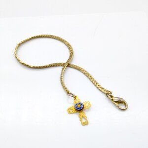 Vintage Chain Bracelet with Filigree Cross Charm, Gold Tone with Millefiori Glas